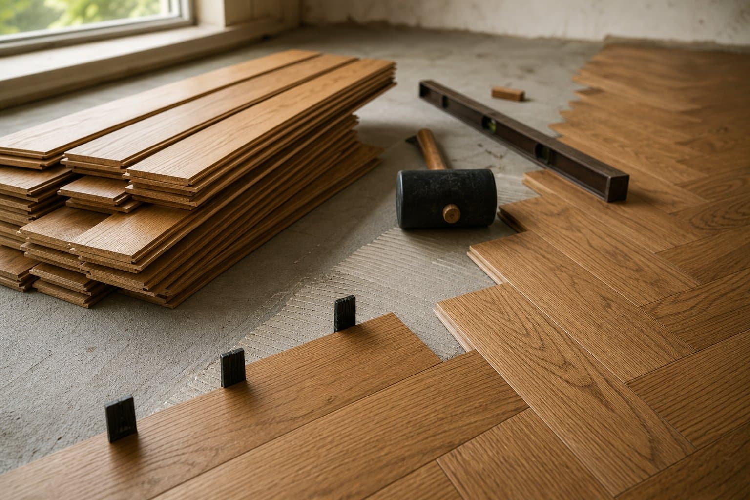 اجرای تخصصی پارکت چوب بلوط؛ چیدن تیغهها کنار هم با ابزار نصب